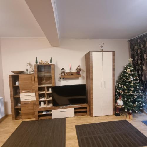 a living room with a christmas tree in the corner at Apartament Kalinderu K4 Busteni in Buşteni