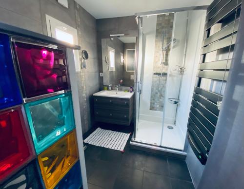 La petite salle de bains est pourvue d'une douche et d'un lavabo. dans l'établissement Appartement T2, 5mn à pied de la plage et du port de Sanary, à Six-Fours-les-Plages