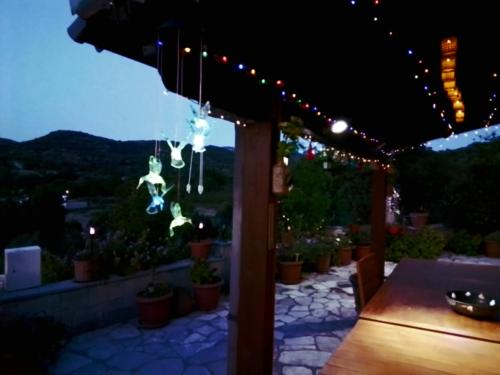 a pergola with lights on a patio at night at Despina country retreat in Paphos City