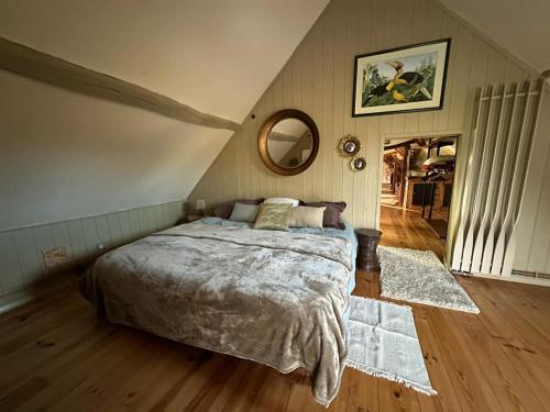 a bedroom with a large bed and a mirror at Les Alpagas de La Tuilerie , 3 Chemin de la Tuilerie in Batilly-en-Puisaye