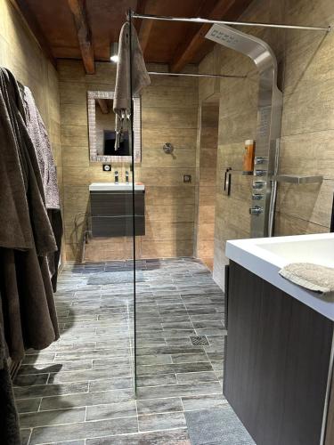 une salle de bain avec une douche en verre et un lavabo dans l'établissement Les Alpagas de La Tuilerie , 3 Chemin de la Tuilerie, à Batilly-en-Puisaye