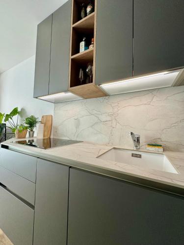 une cuisine avec un évier et un comptoir dans l'établissement T2 - Cité des congrès - 5' à pied de la gare - Parking, à Nantes