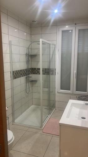une salle de bain avec une douche en verre et un lavabo dans l'établissement Maison entière avec terrasse, à Champigny-sur-Marne