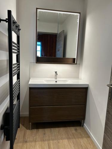 une salle de bain avec un lavabo et un miroir dans l'établissement Montciel Jura, à Lons-le-Saunier