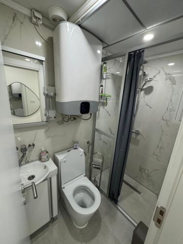 a small bathroom with a toilet and a shower at Studio 032 in Prčanj