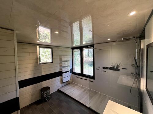 une salle de bain avec une douche à l'italienne et un lavabo dans l'établissement La Demeure des Fougères, à Gastes