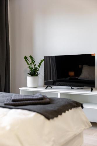 a bedroom with a bed with a tv on a table at Slnecnice studio with parking 24 hour check in in Bratislava