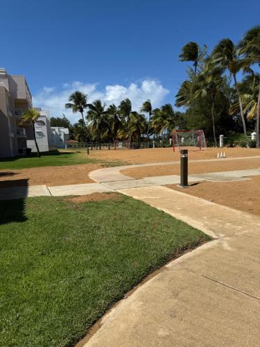 a park with palm trees and a soccer field at Caribbean Zen at Bosque Del Mar - Las Picuas - Rio Grande in Rio Grande