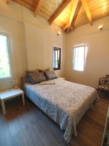 a bedroom with a large bed and two windows at By the sea in Astakos