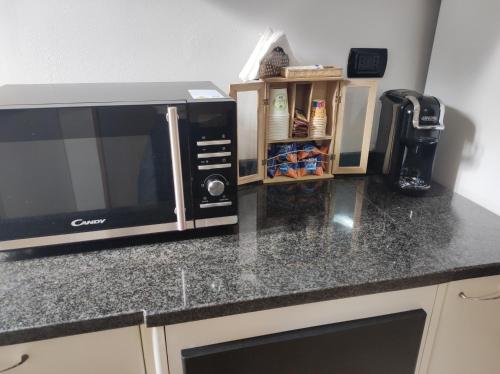 a kitchen counter with a microwave on top of it at Serra's House in Serra San Bruno