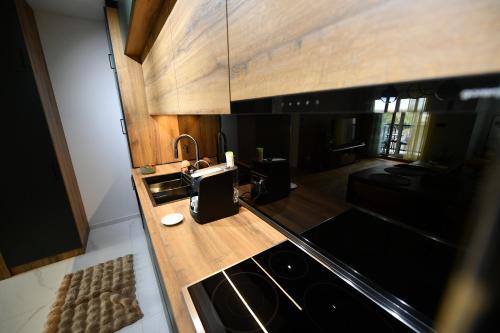 PožegaにあるApartman Miljaのシンクとカウンタートップのあるキッチン
