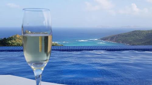 a glass of wine sitting on the edge of a pool at Caribbean Villa with pool and views in Port Elizabeth