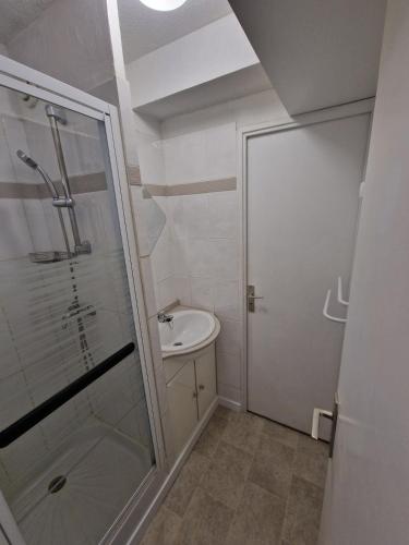 une salle de bain avec douche et lavabo dans l'établissement Appartement Narbonne plage, à Narbonne