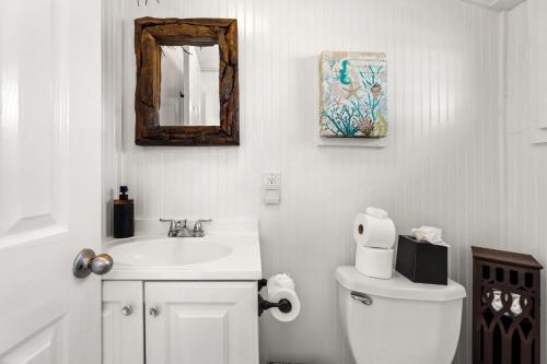 a bathroom with a sink and a toilet and a mirror at The Wishbone Steps to Beach Bunk House in Newburyport