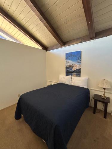 a bedroom with a black bed and a lamp at Bristlecone Motel in Big Pine