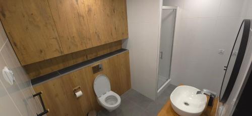 a small bathroom with a toilet and a sink at Restauracja Bizaree in Debrzno