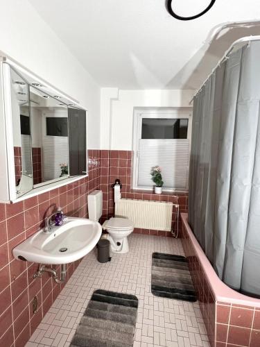 a bathroom with a sink and a toilet at Modern classic apartment in Lauenau