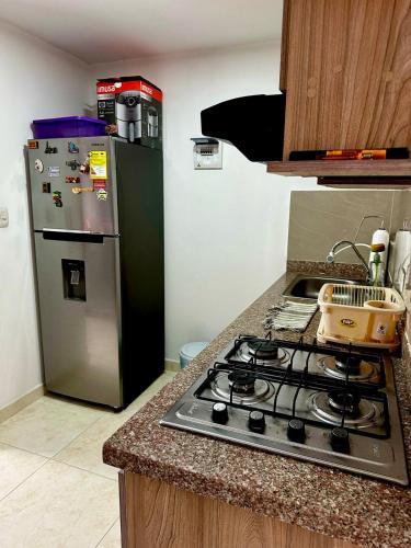 a kitchen with a stove and a stainless steel refrigerator at Blue House in Los Patios