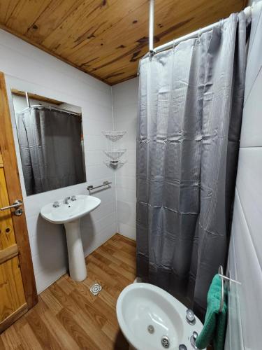 a bathroom with a sink and a shower at Rincon Soñado in Villa Yacanto