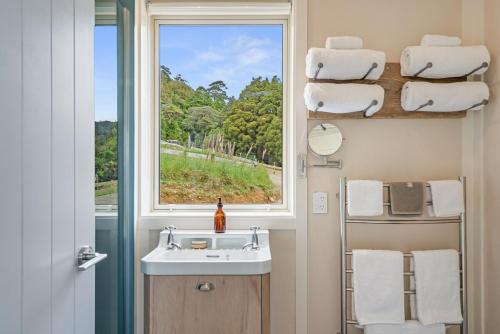 Reikorangi2 Bedroom Eco Cottage - Waikanae的带水槽和窗户的浴室