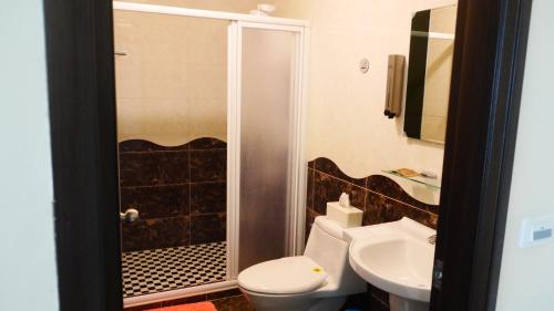 a bathroom with a shower and a toilet and a sink at Finest Hour in Chishang