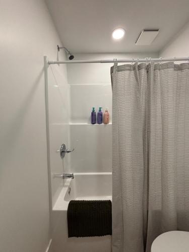 a bathroom with a shower with a shower curtain at Luxury BoilingSprings Getaway in Boiling Springs