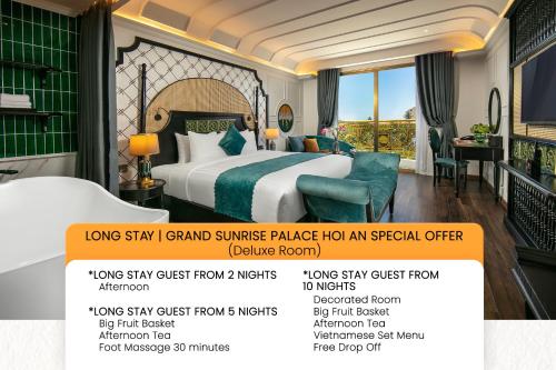 a poster of a hotel room with a bed and a desk at Grand Sunrise Palace Hoi An- A Luxury Indochine Hotel & Spa in Hoi An