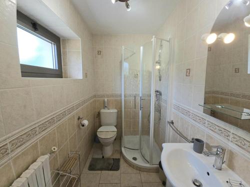 une salle de bain avec toilettes, douche et lavabo dans l'établissement Maison en pierres avec jardin et parking près de Sarlat - FR-1-616-478, à Marquay