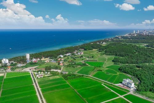 an aerial view of a park next to the ocean at Gangneung Atirance Pool Villa & Spa Pension in Gangneung