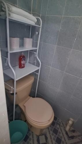 a bathroom with a toilet with a shelf above it at Casita de Descanso con Alberca o Piscina in Tuxpan de Rodríguez Cano