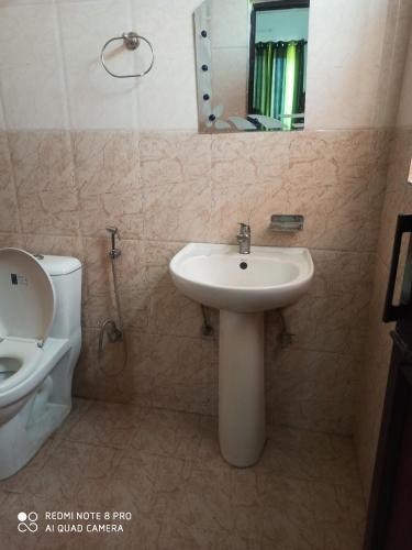 a bathroom with a sink and a toilet and a mirror at Hotel Food Mania in Ner Chowk