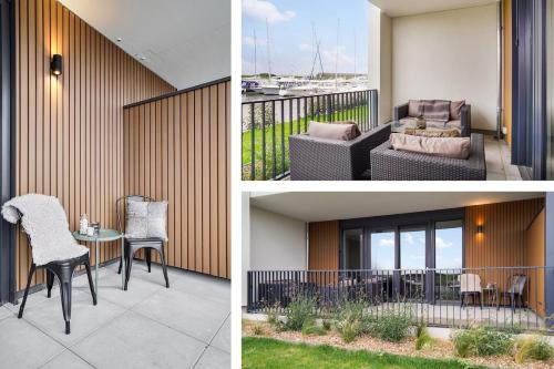 two pictures of a balcony with a table and chairs at Uithaven 1B Kamperland, view of harbour in Kamperland