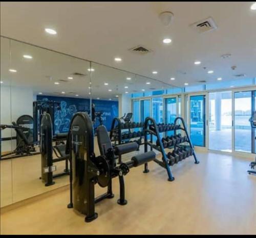a gym with several tread machines and a mirror at Fleur Star Apartments in Dubai