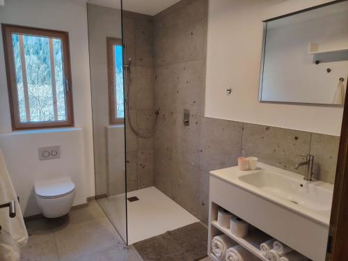 a bathroom with a toilet and a sink and a shower at Laimbruchhof Apartments Urlaub auf dem Bauernhof in Val di Vizze