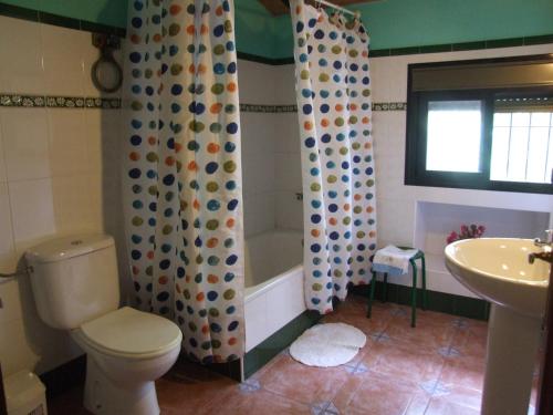 a bathroom with a toilet and a tub and a sink at Casa La Rosa P.N. Sierra de Grazalema in Benamahoma