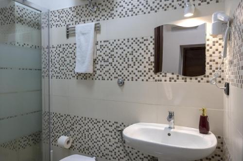 a bathroom with a sink and a shower with a mirror at STELLA GUEST HOUSE O AFFITTACAMERE in Rome