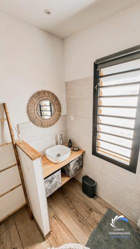 a bathroom with a sink and a mirror at Chalet Tikaz Sandjo in LʼEntre-Deux