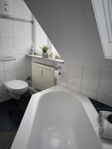 a white bathroom with a toilet and a sink at Ferienwohnung Opas Gewächshaus in Bad Laasphe