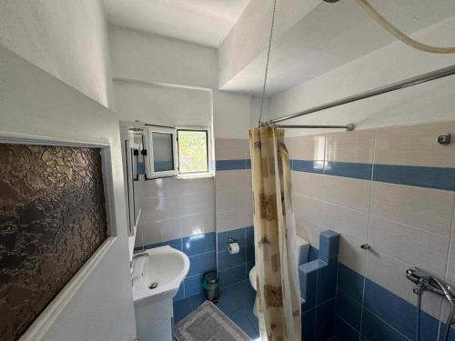 a bathroom with a shower and a toilet and a sink at Santis apartment in Areopolis