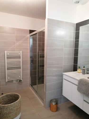une salle de bain avec douche et lavabo dans l'établissement Porticcio grand appartement 3 pièces, 5 minutes de la plage, à Porticcio