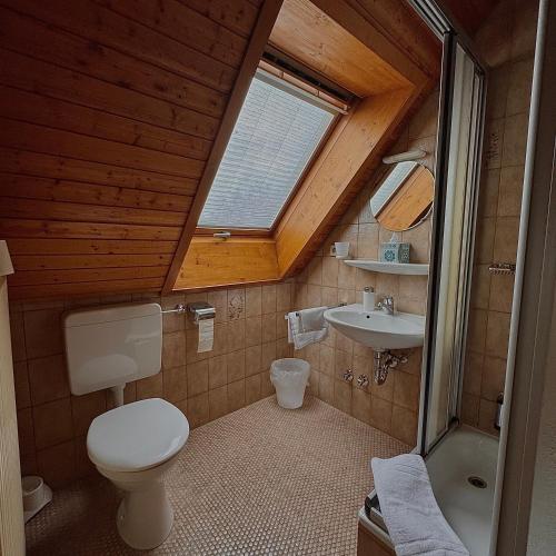 a bathroom with a toilet and a sink and a window at Hotel Milú in Ludwigsburg