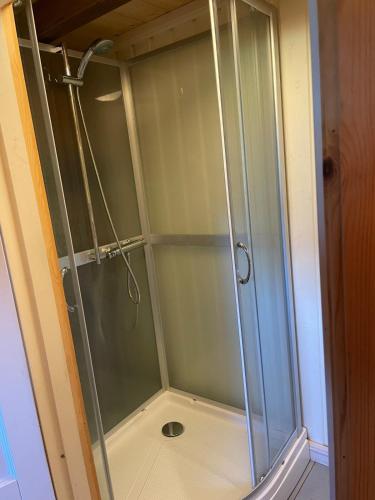 a shower with a glass door in a bathroom at Låven på Selsvoll in Seljord