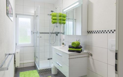 Un baño blanco con lavabo y ducha en Ferienhaus am Rennweg, en Leinach