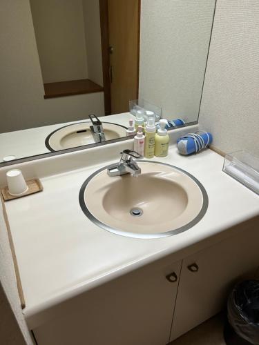 a bathroom counter with a sink and a mirror at Kozuka Hisanoha in Hakone