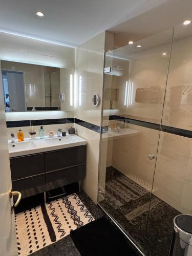 une salle de bain avec un lavabo et une douche en verre dans l'établissement Rez de jardin, piscine privative résidence de standing, à Mandelieu-la-Napoule