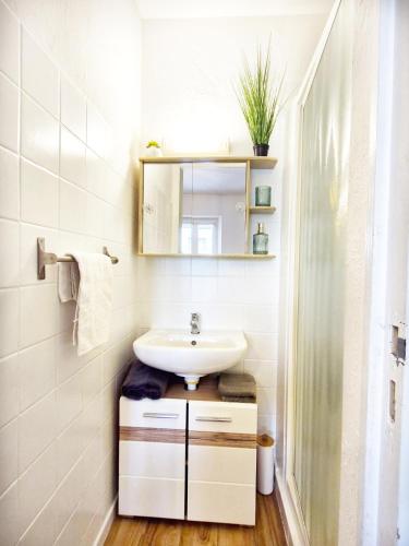 une salle de bain avec un lavabo et un miroir dans l'établissement L'Alizia, à Sari-Solenzara