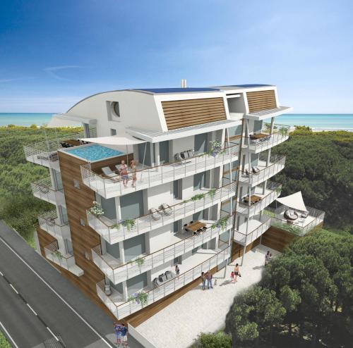 una rappresentazione architettonica di un edificio con piscina di RESIDENCE KATY beachside apartments 2025 - Agenzia Cocal a Caorle