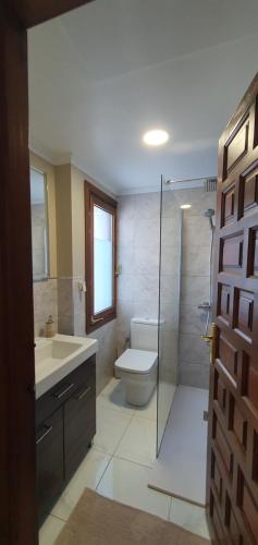 a bathroom with a toilet and a sink and a shower at Casa el Montcel, a unique chalet with roofterrace and shared pool in Denia