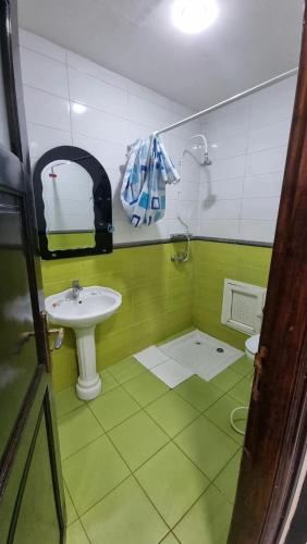 a green and white bathroom with a sink and a shower at HOTEL IKRAM in Fort de lʼEau