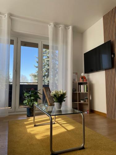 - un salon avec une table en verre et une grande fenêtre dans l'établissement Grand appartement aux portes de Strasbourg, à Ittenheim